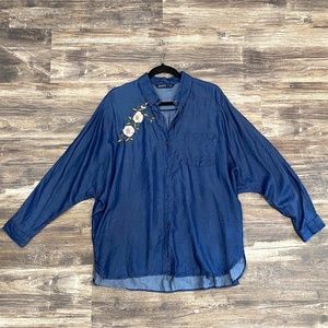 Zara Basics Oversized Floral Chambray Denim Shirt